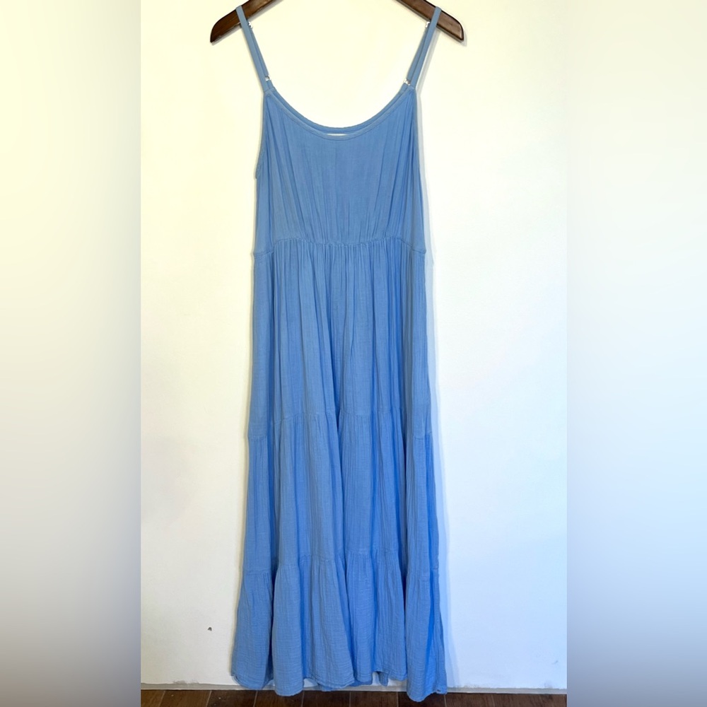 Xirena Ali tiered midi dress, blue gauzy cotton, adjustable straps, sleeveless L - Picture 2 of 7